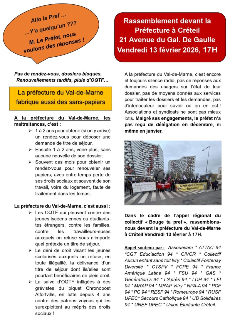 Rassemblement vendredi 13 février à 17H devant la préfecture à Créteil